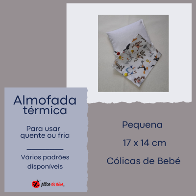 Almofada térmica pequena 17x14 cm com padrão infantil colorido e almofada branca