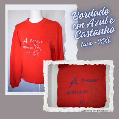 Sweatshirt vermelha com bordado azul e castanho e texto