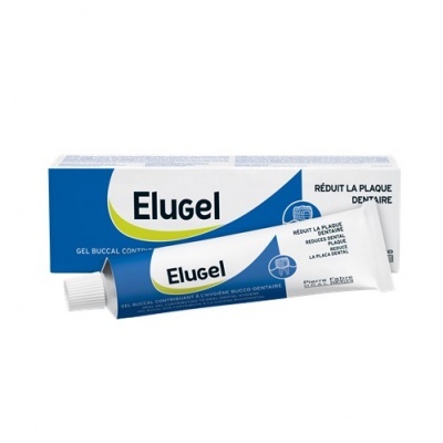 Gel bucal Elugel em tubo branco com embalagem com detalhes em azul