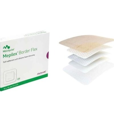 Mepilex Border Flex penso rápido em caixa com imagem do penso em camadas