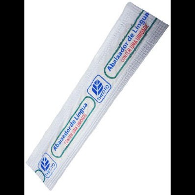 Pacote branco de abaixador de língua com texto e logótipo azul.