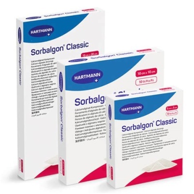 Três caixas de produto Hartmann Sorbalgon Classic em diferentes tamanhos brancas com azul e vermelho