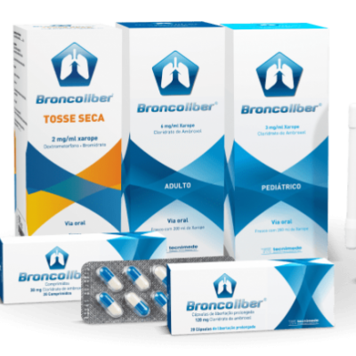 Medicamentos Broncoliber em embalagens brancas e azuis com comprimidos, cápsulas e spray