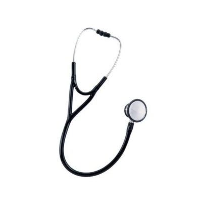 Estetoscópio preto com auriculares metálicos e membrana circular prateada