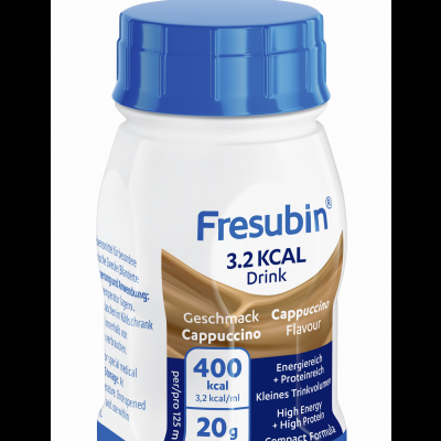 Frasco branco de bebida Fresubin 3.2 KCAL Cappuccino com tampa azul