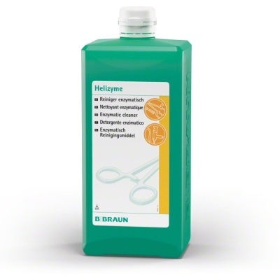 Embalagem verde de líquido Helizyme da B Braun com rótulo branco e amarelo