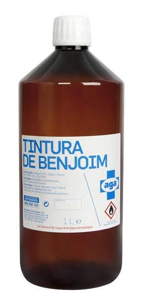 Garrafa de Tintura de Benjoim de 1 litro com rótulo branco e azul