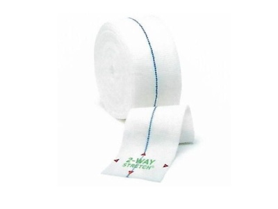 Fita branca com costura azul e texto '2-WAY STRETCH'