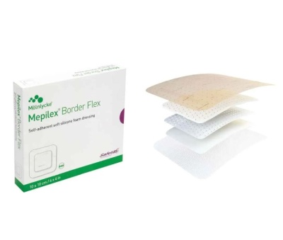 Mepilex Border Flex penso rápido em caixa com imagem do penso em camadas