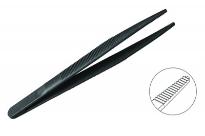 Pinça plástica preta com superfície texturizada e ranhura interna destacada