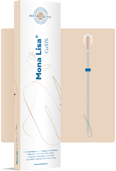 Embalagem branca de produto Mona Lisa CU375 com dispositivo metálico exposado.