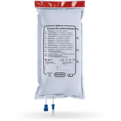 Saco flexível branco para líquido com fecho vermelho e conexões azuis