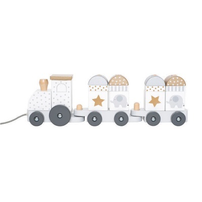 Comboio de madeira branco, cinza e bege com decoração de estrelas e elefantes