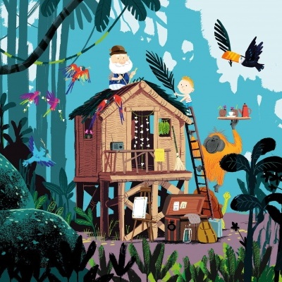 Casa da árvore em madeira numa floresta com aves coloridas e duas crianças