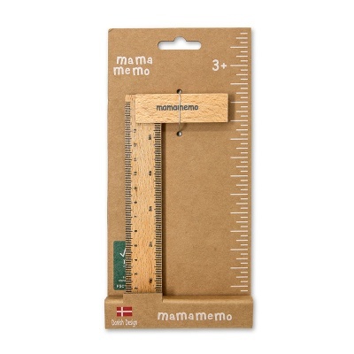 Produto de madeira tipo régua com embalagem castanha e marca mamamemo