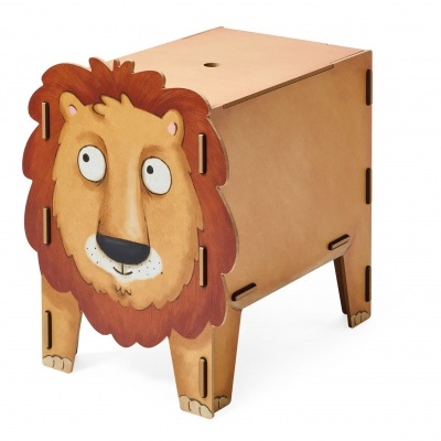 Cubo de madeira infantil em forma de leão com cor castanha clara e escura