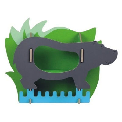 Prateleira de parede infantil em forma de hipopótamo cinzento com base azul