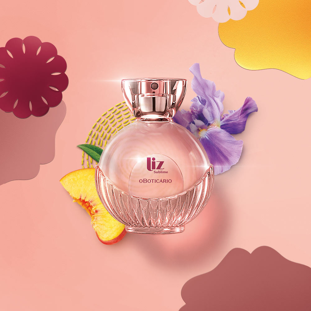 Liz Sublime Eau de Toilette, 100ml Frasco de perfume rosa Liz Sublime O Boticário com decoração floral e pêssego