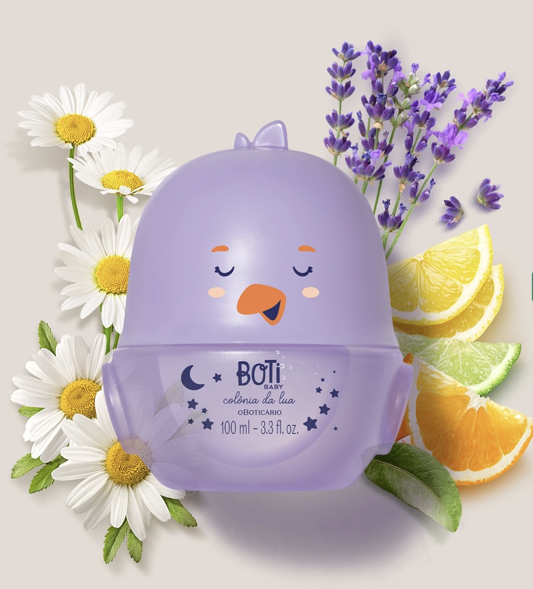 Colónia Lua Boti Baby Colónia para bebé BOTI BABY colónia da lua em embalagem lilás em forma de pássaro com flores e frutas ao fundo