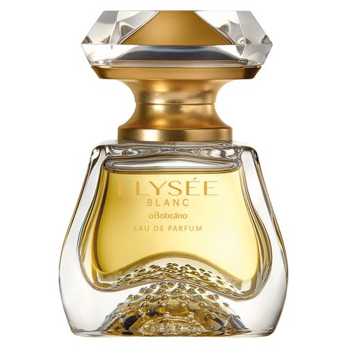 Elysée Blanc Eau de Parfum, 50ml Frasco de perfume LYSÉE BLANC oBoticário com líquido amarelo dourado e tampa transparente e dourada