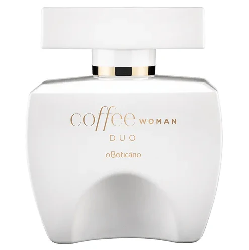 Coffee Woman Duo Eau de Toilette 100ml Frasco branco de perfume Coffee Woman Duo da O Boticário com texto dourado