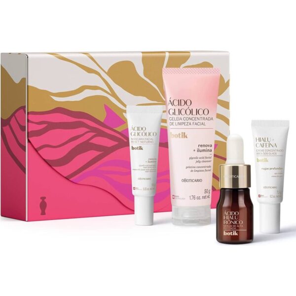 Best Sellers Botik | Coffret de Skincare Conjunto de produtos de beleza Ácido Glicólico e Ácido Hialurônico da oBoticario em embalagem decorada colorida
