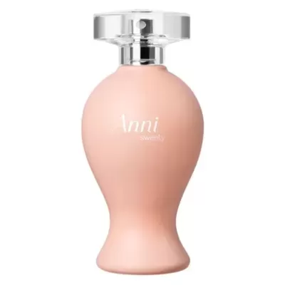 Frasco de perfume cor de rosa com tampa transparente e texto Anni sweety