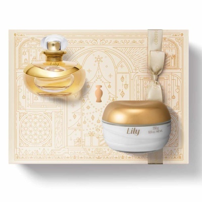 Conjunto de perfume e creme Lily em embalagem decorativa creme com dourado