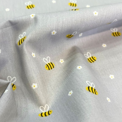 Tecido Poppy | Bee with Flowers - Cinzento