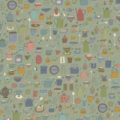 Tecido Anni Downs | Tealicious - #2417 Tea Cups and Tea Pots Sage
