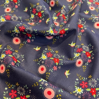 Tecido Poppy | Birdy Flowers - Azul Escuro