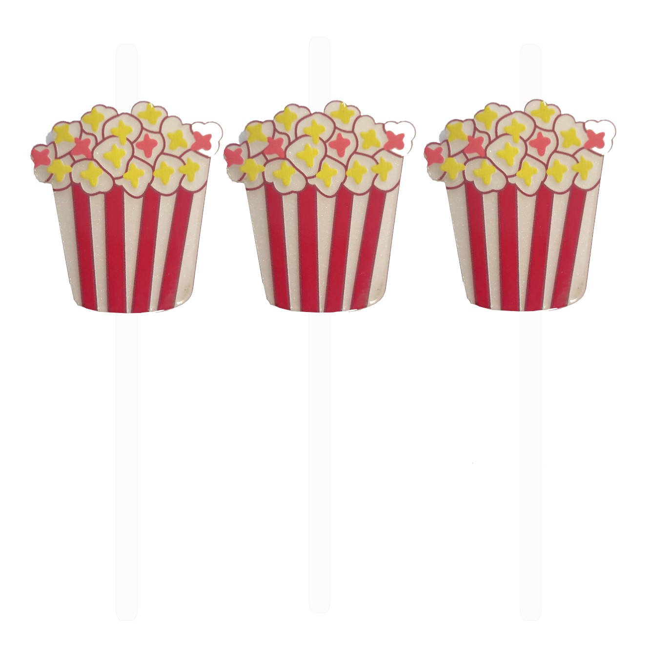 Palitos decorativos de pipoca em balde vermelho e branco