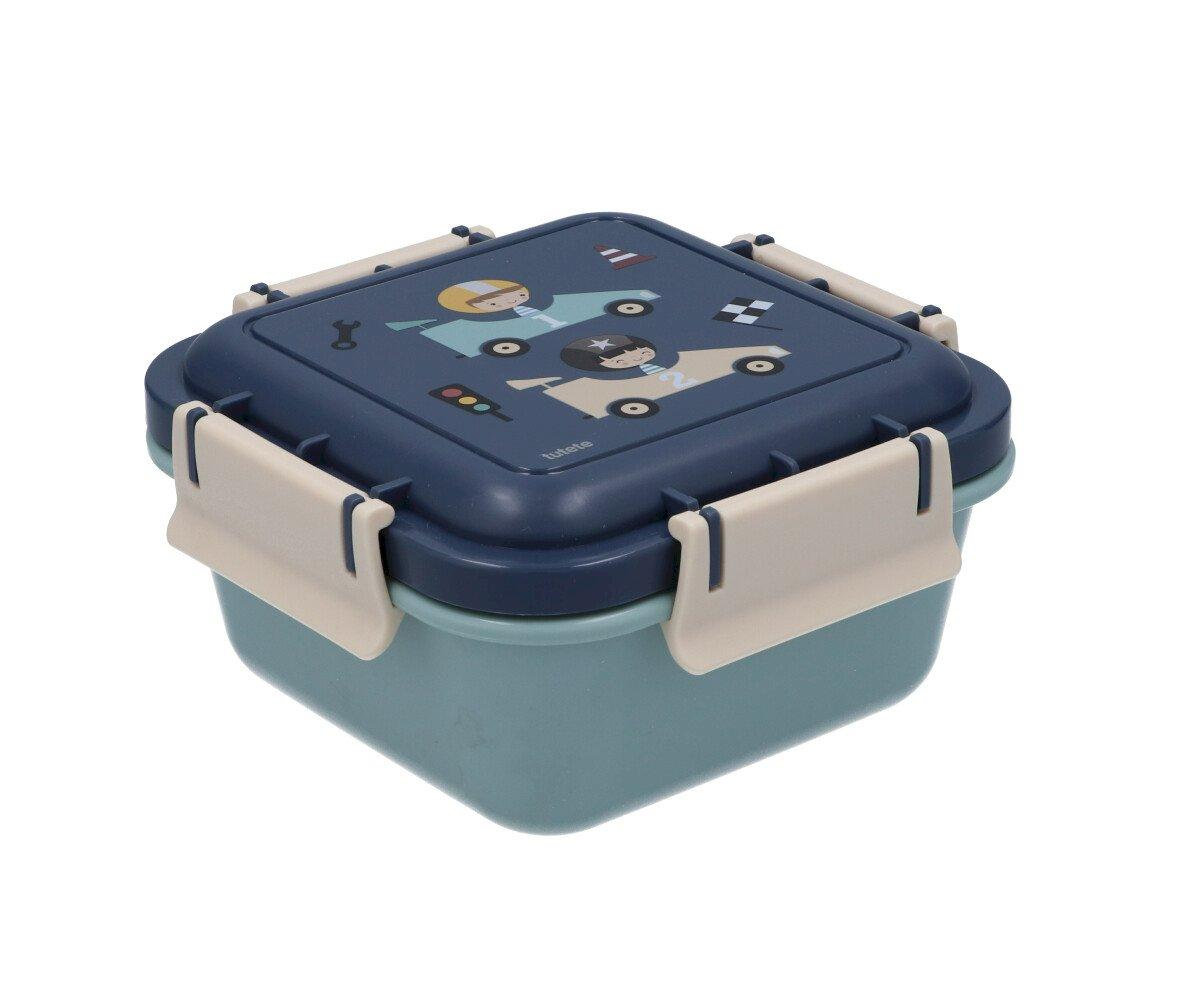Marmita de plástico azul escura e verde com fechos bege e ilustração de carrinhos na tampa