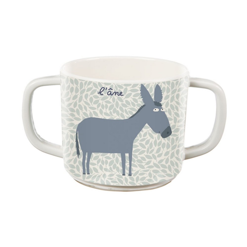 Caneca branca com duas pegas e ilustração de burro cinzento com texto l'âne