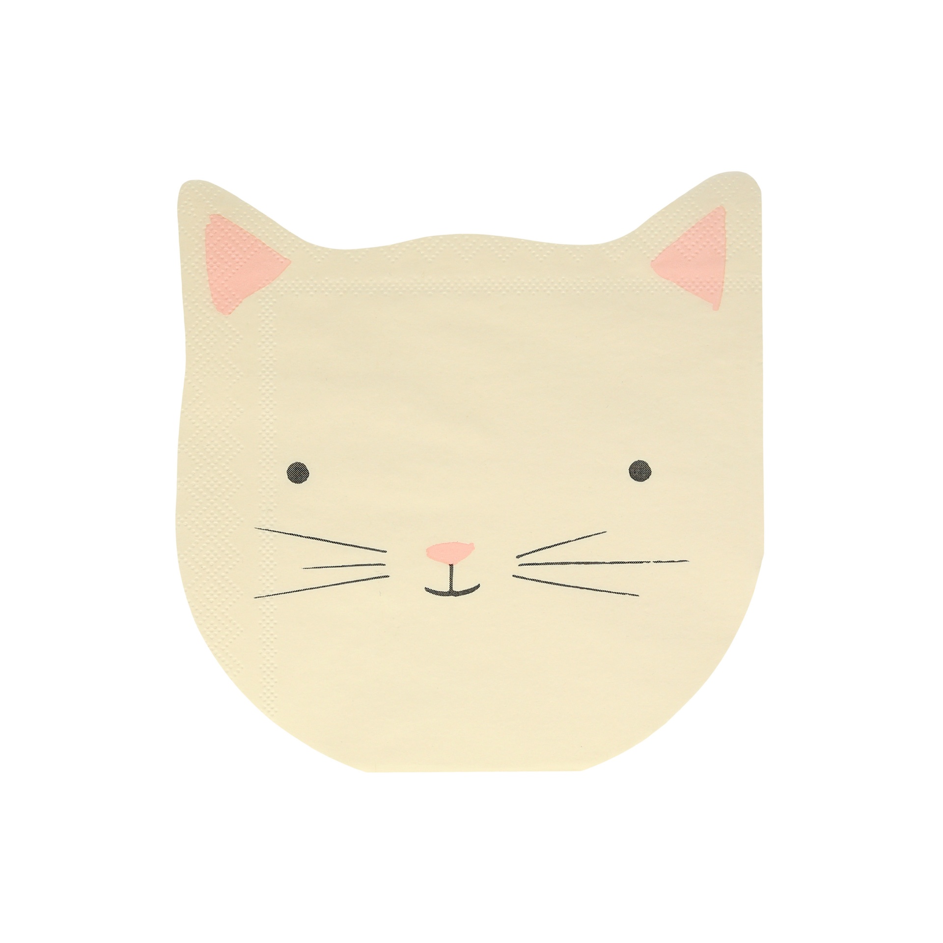 Guardanapo de papel em forma de cabeça de gato creme com detalhes cor-de-rosa e preto