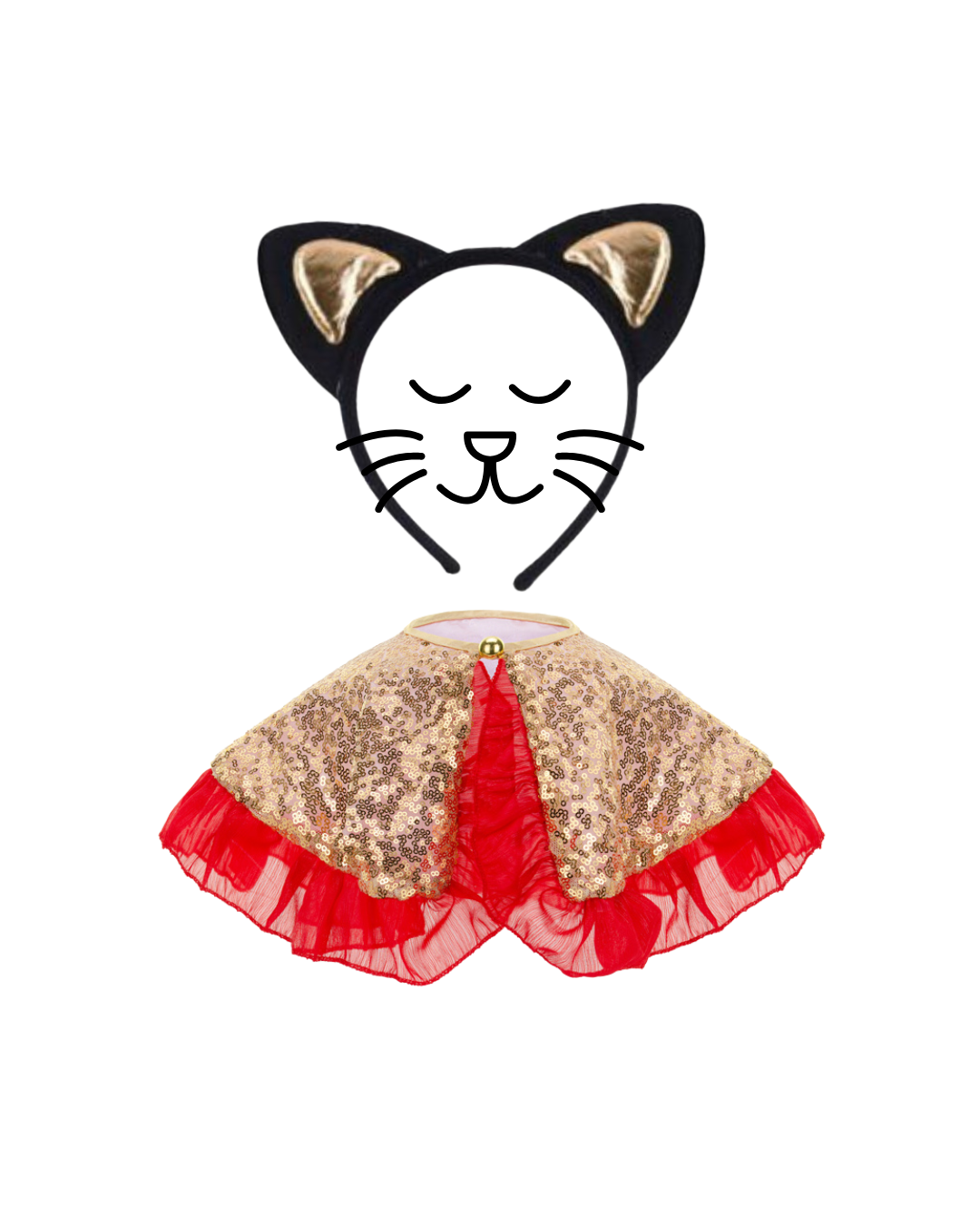 Conjunto de fantasia infantil com orelhas de gato e capa dourada com saia vermelha de tule