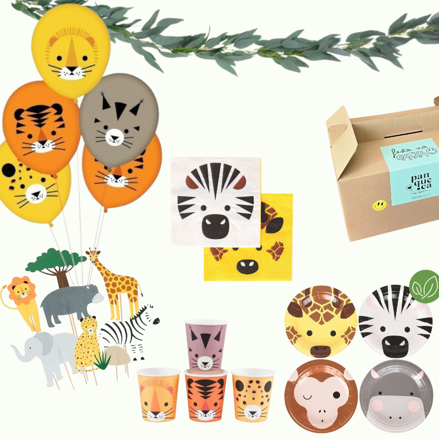 Conjunto de festa infantil com tema de animais com balões, copos, guardanapos e pratos coloridos.