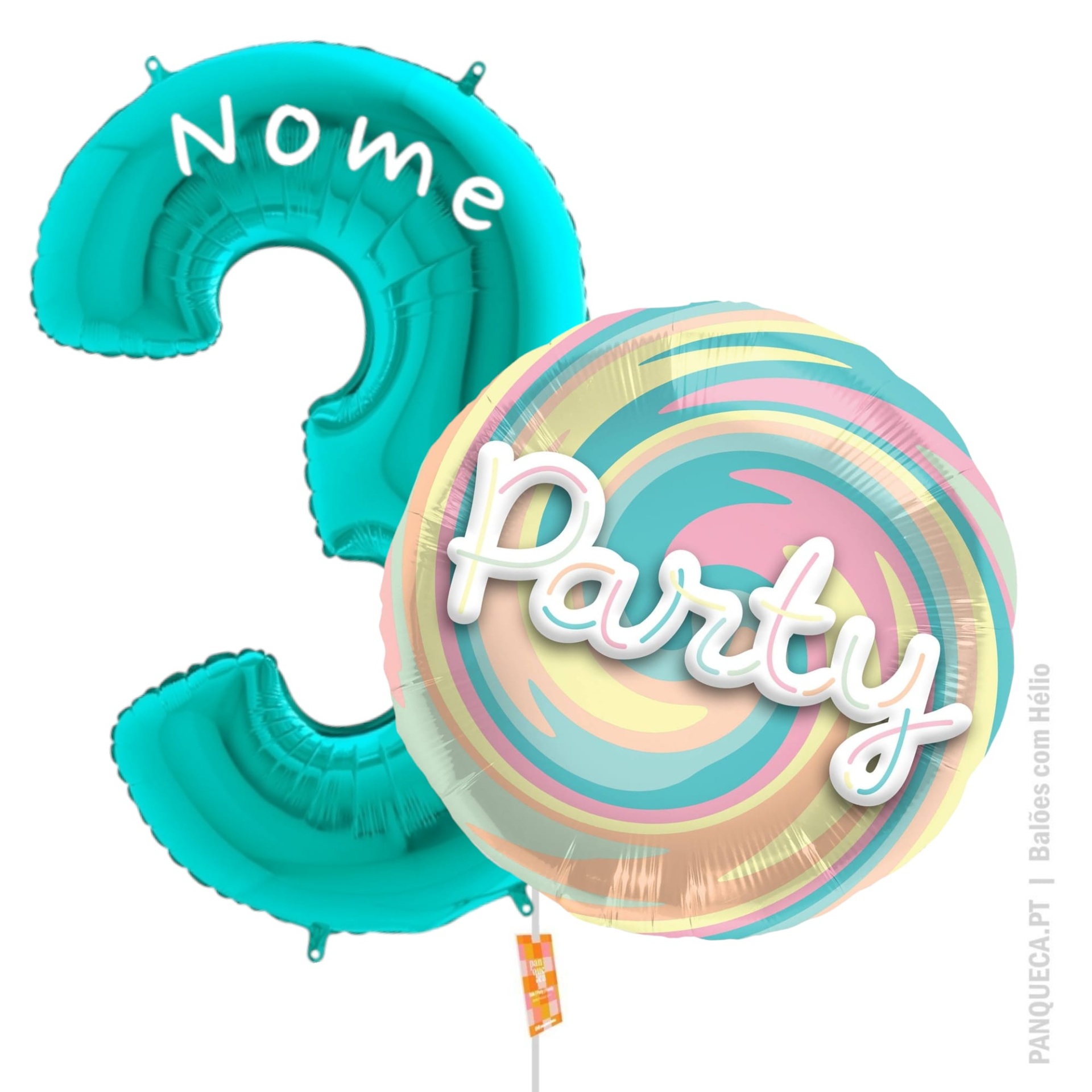 Balões azuis e coloridos com as palavras Nome e Party