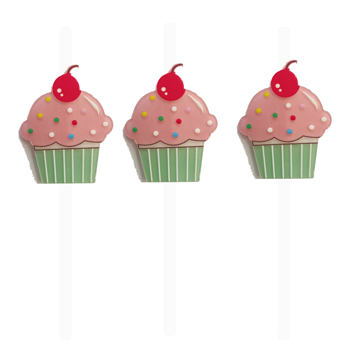 Três palitos decorativos de cupcake em verde, rosa e vermelho