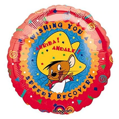 Balão redondo metálico com desenho de rato cartoon e texto para recuperação rápida.