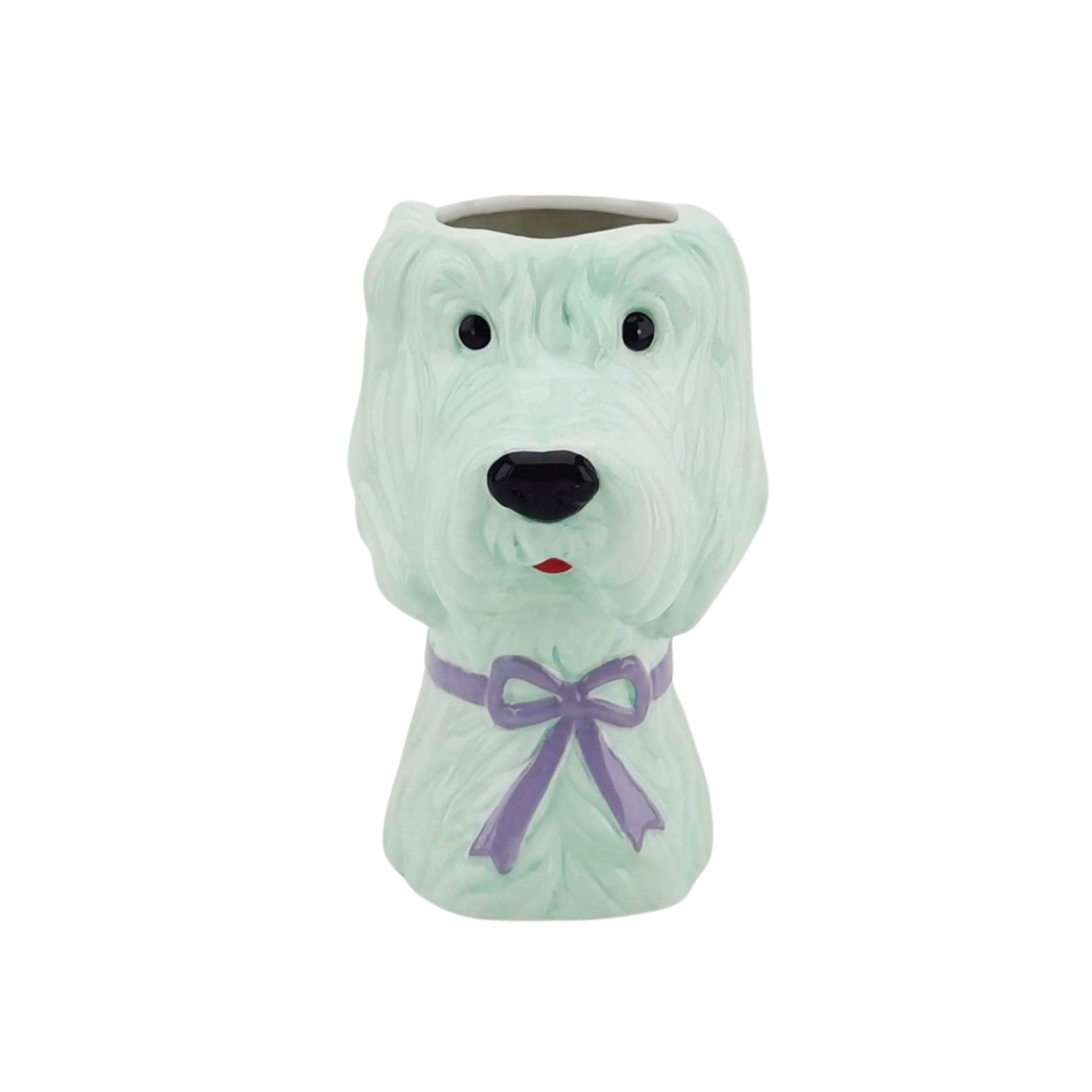 Vaso cerâmico formato cabeça de cão branco com laço roxo