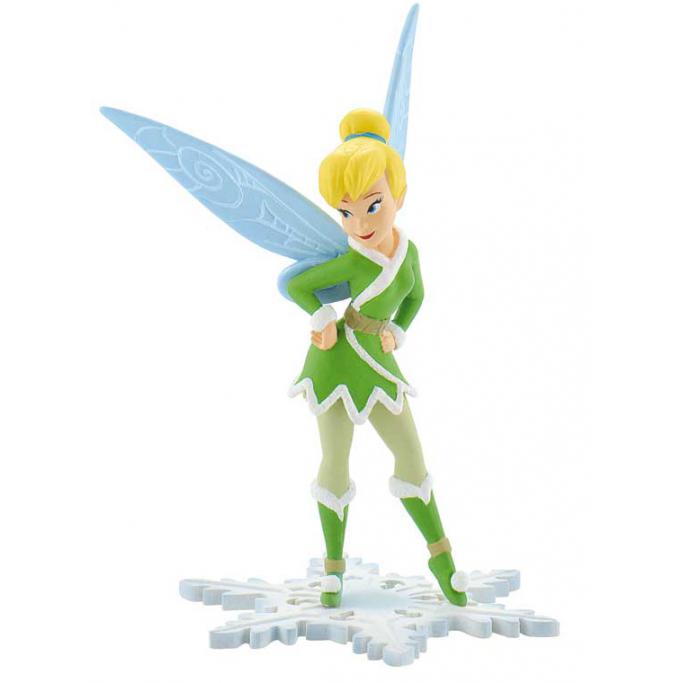 Estatueta fada loira vestida de verde com asas azuis em base floco de neve