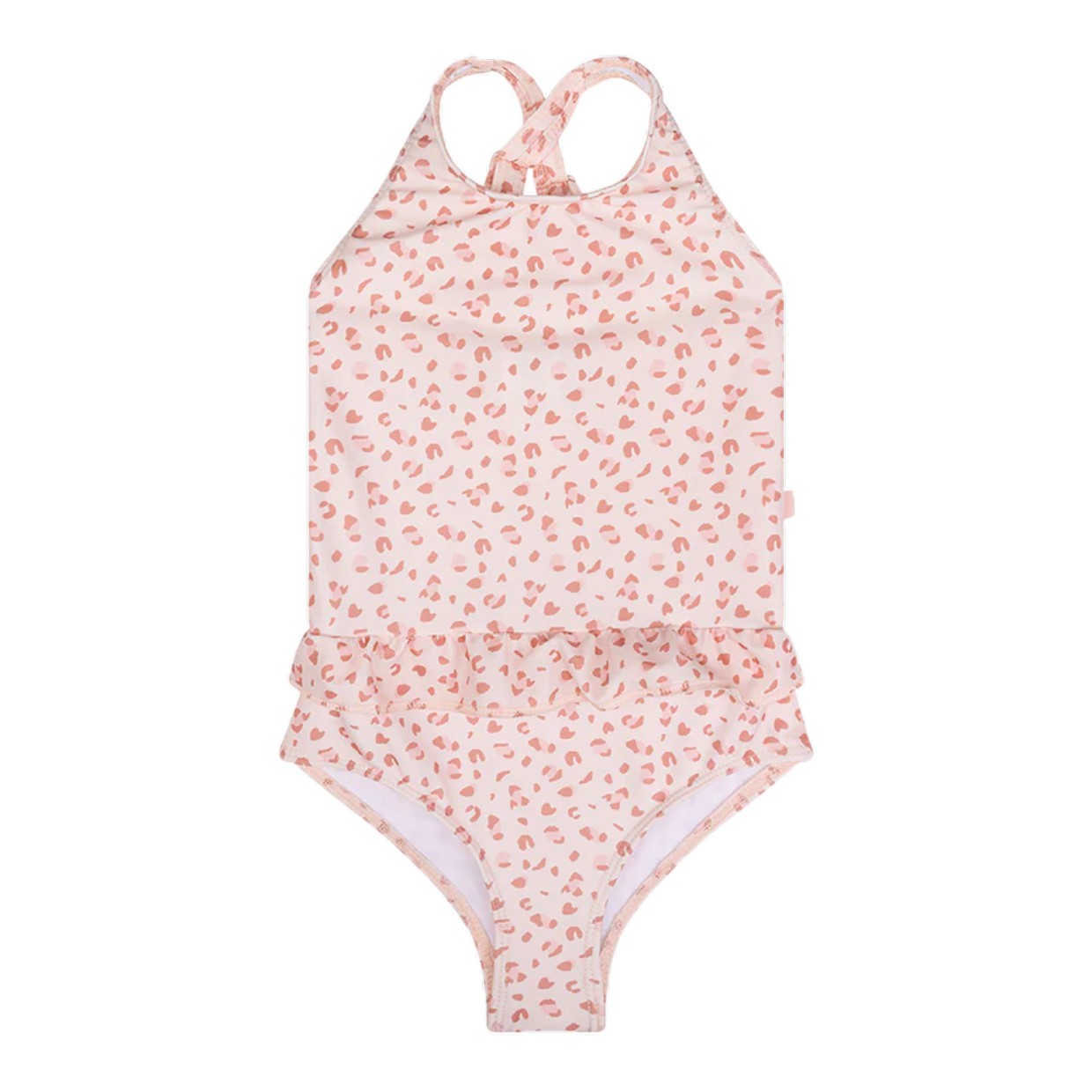 Fato de banho infantil rosa claro com padrão de folhas cor terracota e folho na cintura