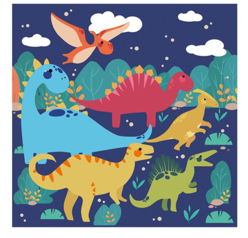 Ilustração colorida de dinossauros e plantas num fundo azul escuro.