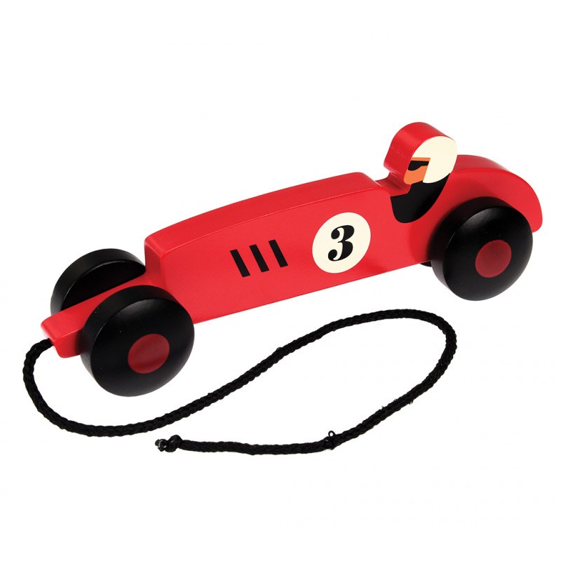Brinquedo carro de corrida vermelho com corda para puxar