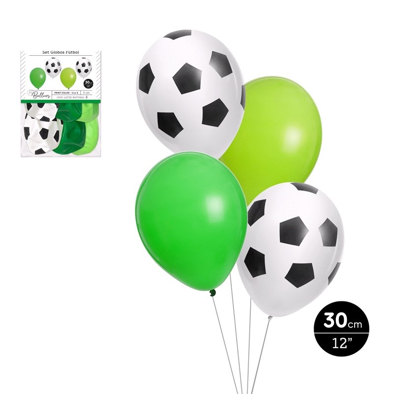 Conjunto de balões com padrão de bola de futebol e balões verdes