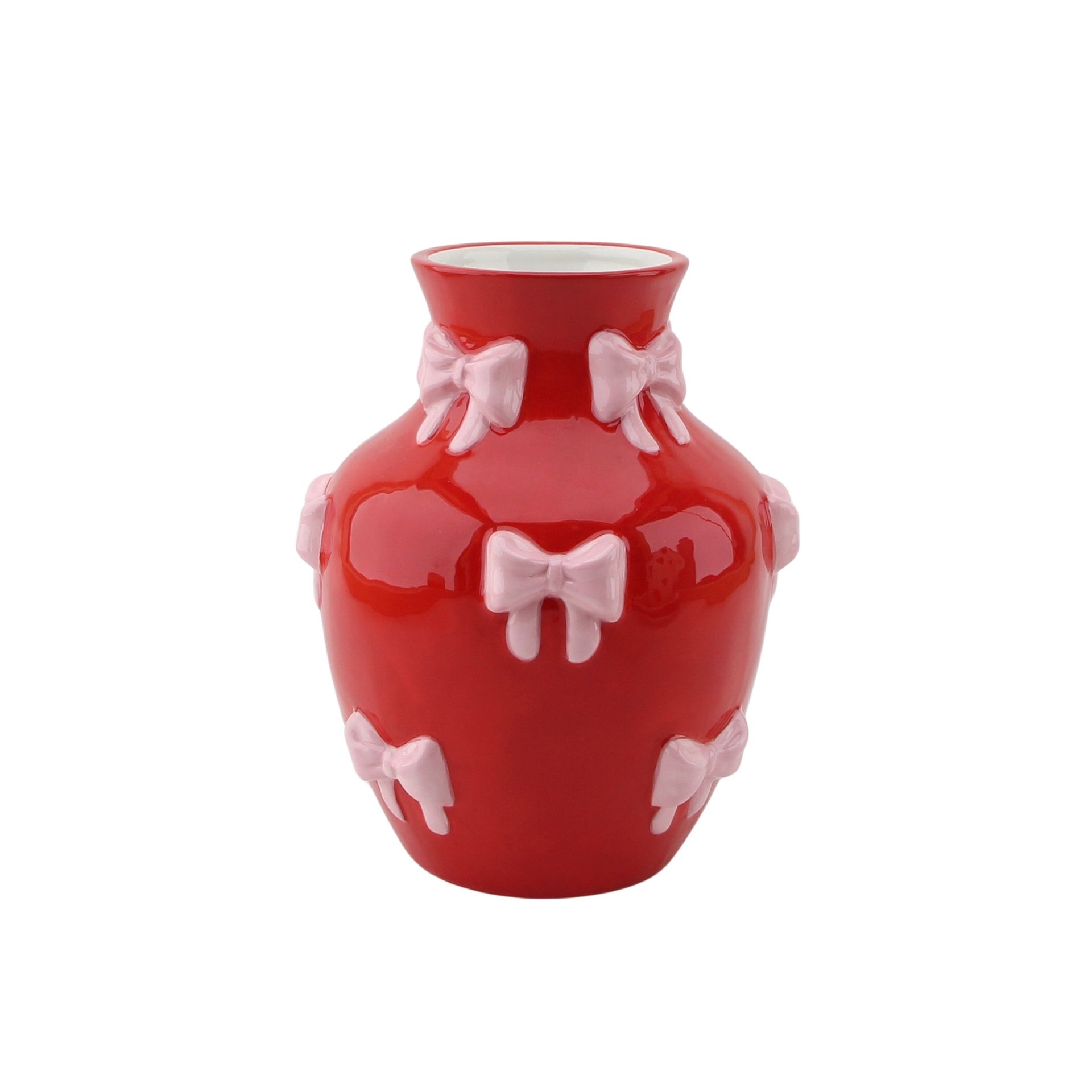 Vaso vermelho com laços rosas decorativos