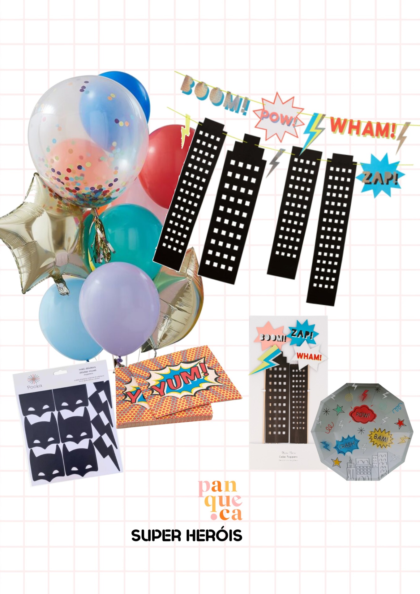 Conjunto de decoração com balões coloridos e elementos de super-heróis em fundo quadriculado