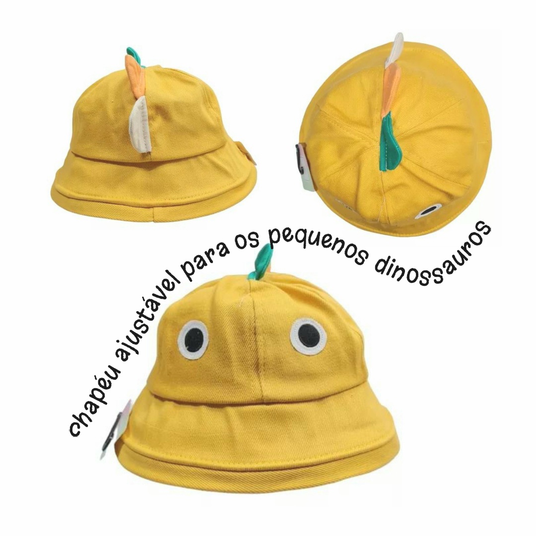 Chapéu amarelo ajustável para crianças com olhos bordados e detalhes coloridos