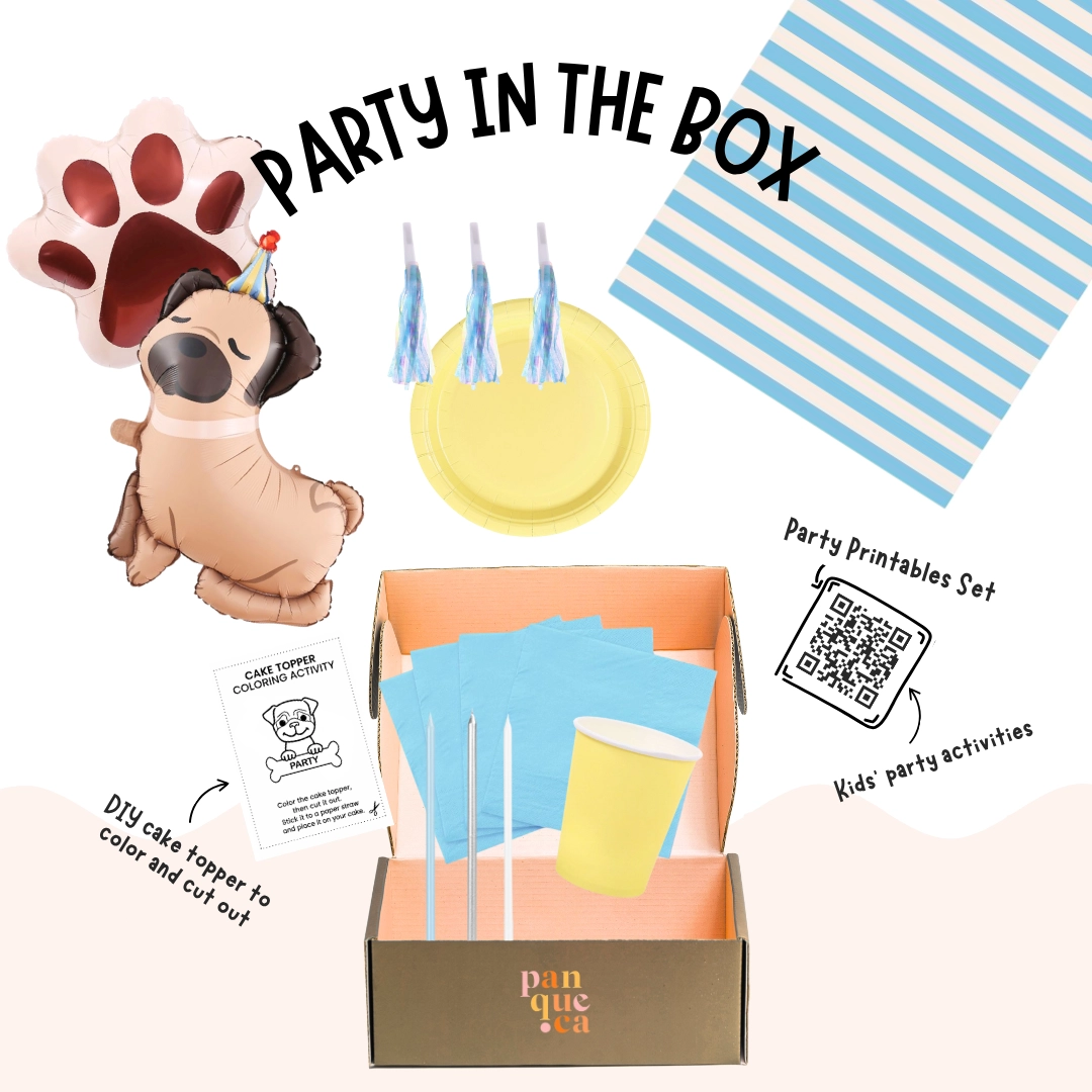 Kit de festa infantil com balões, guardanapos, prato, copo, velas e um conjunto para atividades com código QR